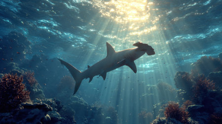 A stunning underwater scene featuring a shark gracefully swimming through a vibrant coral reef illuminated by sun rays. Ideal for nature enthusiasts.の素材