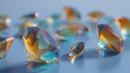 A stunning arrangement of colorful crystals glimmering on a smooth surface. The soft lighting and reflections create a captivating visual effect perfect for artistic and design projects.の素材