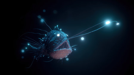 This captivating image showcases a bioluminescent deep-sea fish, revealing its unique features in a dark ocean environment. The glowing body and ethereal light patterns illustrate the mystery and beauty of marine life at great depths.の素材
