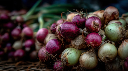 A vibrant display of fresh organic onions in various colors and sizes showcases the beauty of farm-fresh produce at a local market.の素材