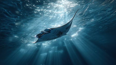 A mesmerizing manta ray gracefully glides beneath the surface of a sunlit ocean, showcasing the beauty of marine life and underwater scenery.の素材