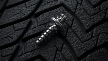 A captivating close-up of a metallic screw positioned on a black tire tread, showcasing intricate texture and play of light. Ideal for automotive themes.の素材
