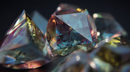 An enchanting collection of colorful crystals reflects light beautifully, showcasing intricate patterns and textures, perfect for decoration or artistic projects.の素材