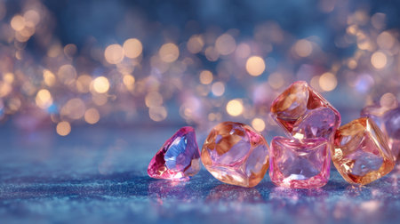 A stunning arrangement of colorful gemstones displaying brilliant colors and sparkles resting on a shimmering surface, evoking luxury and enchantment.の素材