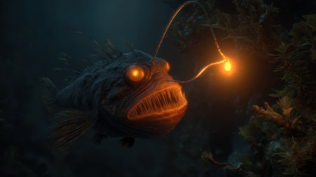 This captivating image features a deep sea fish with glowing eyes and a luminous lure, showcasing its intriguing adaptations in the ocean.の素材
