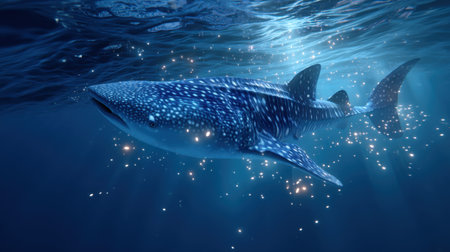 A stunning whale shark glides through the serene ocean waters, surrounded by sunlight and shimmering dust, showcasing marine beauty.の素材