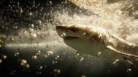 Experience the serene beauty of a majestic shark as it glides gracefully through crystal clear waters, surrounded by sparkling bubbles.の素材