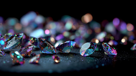 This stunning image captures colorful gemstones with brilliant reflections on a dark surface, creating an elegant atmosphere full of luxury and beauty.の素材