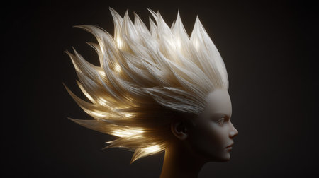 A striking portrait featuring a model with dramatic spiky white hair illuminated against a dark background, emphasizing artistic creativity and style.の素材