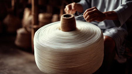 A skilled artisan is meticulously working with thread in a traditional setting, highlighting the beauty and technique of textile craftsmanship.の素材