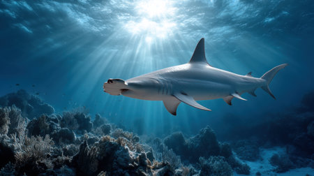 A stunning image of a hammerhead shark gliding through clear ocean waters, illuminated by sunlight. This representation captures the beauty and grace of marine life in their natural habitat.の素材