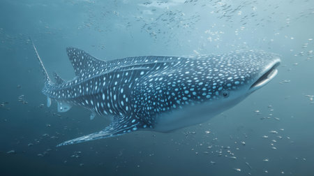 A stunning whale shark glides through the serene waters of a tropical ocean, surrounded by a vibrant school of fish, showcasing the beauty of marine life.の素材