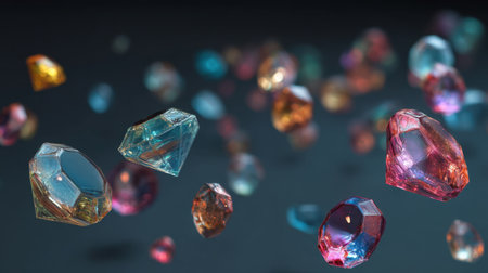 A stunning arrangement of colorful floating gemstones, showcasing intricate shapes and sparkling light reflections against a deep background.の素材