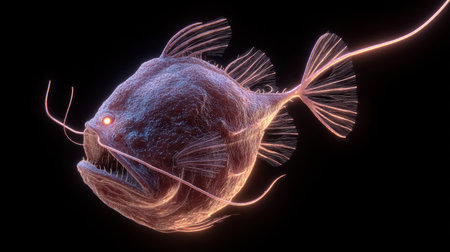 This striking image features a bioluminescent fish showcasing its unique luminous features, highlighting fascinating adaptations in dark waters.の素材