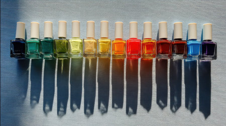 A stunning array of nail polish bottles showcases a beautiful spectrum of colors, creating dramatic shadows on a light surface, perfect for beauty projects.の素材