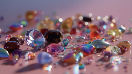 A captivating arrangement of colorful gems and crystals resting on a soft pink surface, showcasing their sheer brilliance and intricate details.の素材