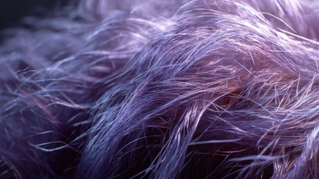 This close-up image captures the intricate details of purple hair texture, showcasing flowing strands with vibrant highlights perfect for artistic projects and beauty inspiration.の素材