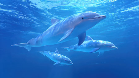 Experience the beauty of three dolphins swimming together in the serene depths of the ocean, showcasing their playful nature and vibrant environment.の素材