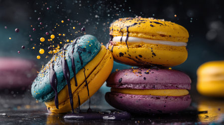 Delight in a vibrant display of macarons featuring bold colors and artistic splashes, perfect for showcasing culinary creativity and sweetness.の素材