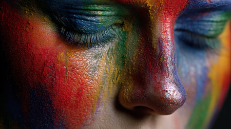 A striking close-up image highlighting a colorful face painted in vivid hues, showcasing unique textures and emotional depth that captures artistic expression.の素材