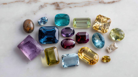 A vibrant collection of various gemstones laid out elegantly on a marble surface, showcasing their diverse colors and shapes for artistic inspiration.の素材
