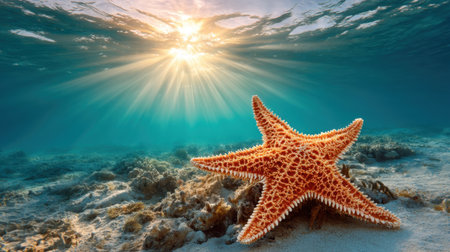 A stunning underwater scene showcases a vibrant starfish resting on the sandy ocean floor surrounded by coral. Sunlight rays filter through the clear water, creating a tranquil atmosphere. Perfect for nature enthusiasts and ocean lovers.の素材