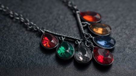 Closeup shot of an elegant necklace featuring vibrant teardrop-shaped gemstones in various colors, showcasing intricate design on a textured surface.の素材