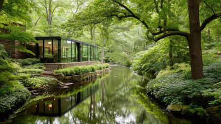 A serene modern house nestled in lush greenery beside a reflective creek. This peaceful setting showcases harmony between architecture and nature.の素材