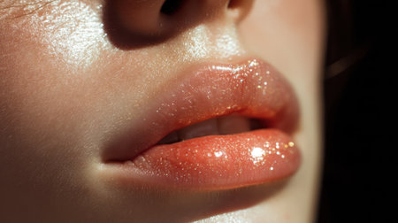Captivating close-up of glossy lips featuring a soft peachy hue and shimmering finish, captured under natural light for a radiant effect.の素材