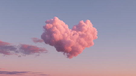 A heart-shaped cloud floats gracefully in a soft pink sky at sunset, evoking feelings of romance and tranquility in this whimsical scene.の素材