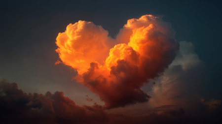 This striking image features a heart-shaped cloud, bathed in warm hues of orange and yellow, set against a tranquil evening sky. The mesmerizing formation evokes feelings of love and serenity, perfect for romantic or artistic themes.の素材