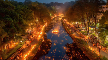 This stunning image showcases an enchanting night festival where floating candles illuminate the calm river, creating a magical atmosphere.の素材