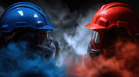 A striking image of two workers in colorful helmets facing each other amidst swirling smoke, capturing a tense moment in an industrial setting.の素材