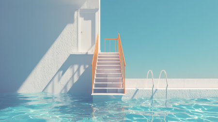 A beautiful poolside scene featuring elegant stairs leading up to a bright building, reflecting a peaceful ambiance and serene surroundings.の素材