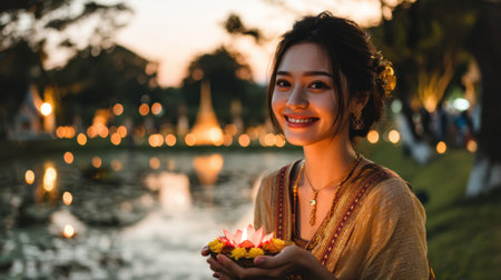 A cheerful young woman holds lotus flowers during a traditional festival. The serene water reflects soft evening lights, creating a magical atmosphere.の素材