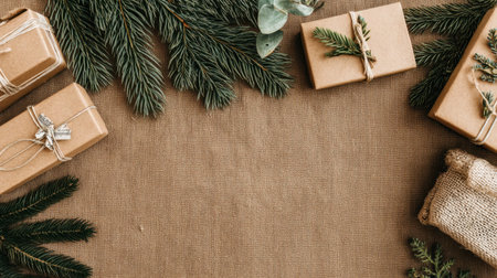 This charming festive scene features beautifully wrapped gifts surrounded by fresh evergreen branches, set against a rustic burlap background, ideal for holiday themes.の素材