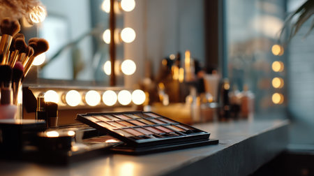 A beautifully arranged makeup vanity featuring brushes, palettes, and various cosmetics. The warm lights create an inviting atmosphere for beauty enthusiasts.の素材