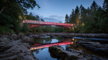 A striking red bridge stands illuminated at dusk, reflecting beautifully in the calm river beneath, surrounded by lush trees and rocky terrain.の素材