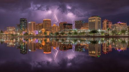 A stunning view of a city skyline illuminated by lightning strikes during a stormy night. The vibrant reflections on the water create a captivating scene.の素材