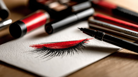 This image showcases a creative representation of eye makeup with red hues, accompanied by various beauty tools and artistic materials, perfect for beauty enthusiasts.の素材