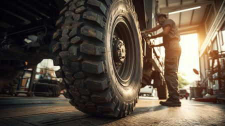 A mechanic focuses on an off-road vehicle tire in a workshop, illuminated by warm sunset light. Tools and equipment surround the scene, showcasing the world of automotive repair.の素材