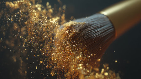 Close-up of a makeup brush releasing shimmering gold dust, capturing an artistic moment filled with beauty and elegance for creative projects.の素材