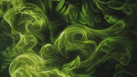This captivating image features swirling green smoke intertwined with lush leaves, creating a mystical atmosphere full of serenity and vibrant energy.の素材