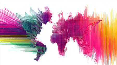 This vibrant abstract image presents a creative interpretation of the world, utilizing dynamic lines and rich colors to symbolize connections and interactions globally.の素材