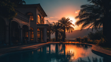 Experience a tranquil sunset at a luxury villa featuring a shimmering pool surrounded by palm trees, creating a serene tropical atmosphere.の素材