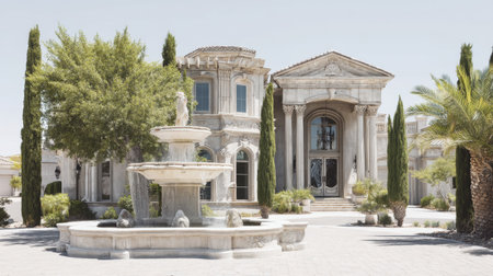This stunning mansion features an ornate entrance, a captivating fountain, and lush palm trees, creating an inviting atmosphere on a bright day.の素材