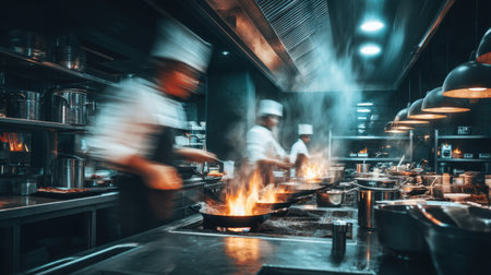 A dynamic view of a busy professional kitchen where chefs skillfully cook over flames, creating an energetic culinary atmosphere filled with steam.の素材