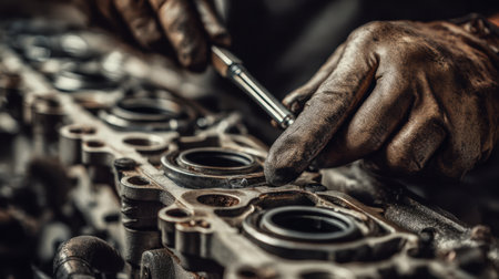 Skilled mechanic performs detailed work on engine components using tools, showcasing craftsmanship and precision in an automotive workshop setting.の素材