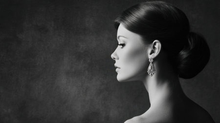 This striking black and white portrait captures the graceful profile of a woman adorned with elegant earrings, highlighting her beauty.の素材