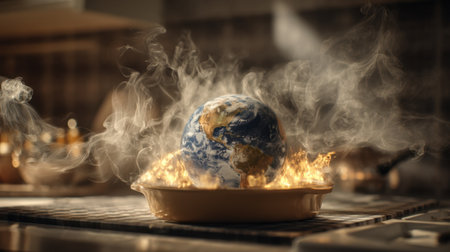 An expressive kitchen scene featuring a globe engulfed in flames and smoke, symbolizing urgent environmental issues and climate change.の素材